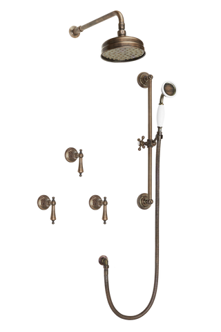 Wall Tap Shower System With Arm Rose Diverter & Slide Bar Handshower - Metal Lever