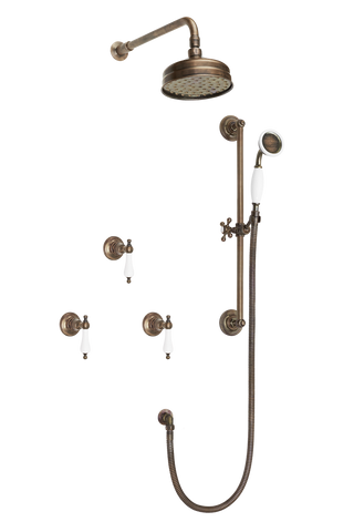 Wall Tap Shower System With Arm Rose Diverter & Slide Bar Handshower - Porcelain Lever