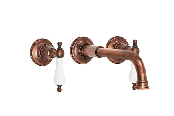 Wall Basin Three Hole Lever Taps with Basin Spout - Cross Handle Antique Copper / Cross Handle