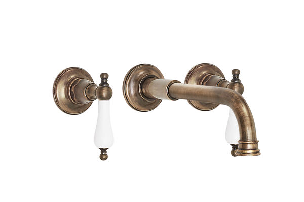 Wall Basin Three Hole Lever Taps with Basin Spout - Cross Handle Antique Copper / Cross Handle