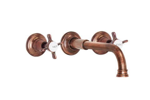 Wall Basin Three Hole Lever Taps with Basin Spout - Cross Handle