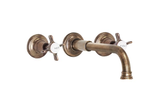 Wall Basin Three Hole Lever Taps with Basin Spout - Metal Lever
